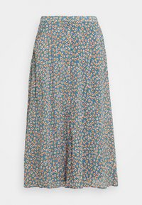 Blommig kjol med veckad design, med en blå bas och små, mångfärgade blommönster. Lättviktigt tyg och detalj vid midjan.