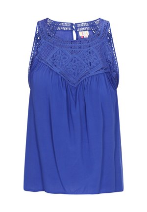 Mėlyna be rankovių palaidinė su kandikliu dizainu per krūtinę, pasižyminti susiraukšlėjusiu apvadu ir mygtukų uždarymu gale. Lengvas audinys.