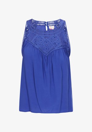 Top azul sin mangas con un diseño de encaje en el pecho, que presenta un dobladillo fruncido y cierre de botón en la parte posterior. Tejido ligero.