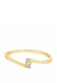 Zlatý prsteň s minimalistickým dizajnom, ktorý obsahuje jeden okrúhly diamant zasadený do elegantného, otvoreného prstenca so hladkými krivkami a lešteným povrchom.