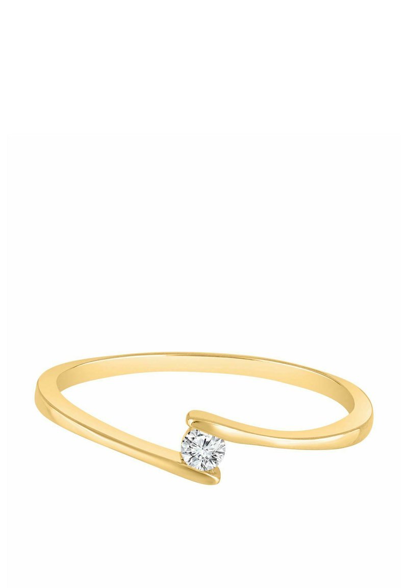 Zlatý prsteň s minimalistickým dizajnom, ktorý obsahuje jeden okrúhly diamant zasadený do elegantného, otvoreného prstenca so hladkými krivkami a lešteným povrchom.