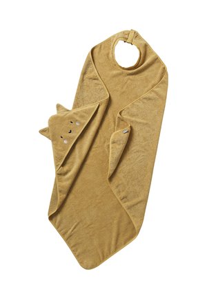 Soft, brown hooded baby towel with a cat face and ears on the hood, featuring a neck strap for secure closure.
