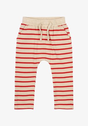 Svītrainas khaki bikses ar sarkanām horizontālām svītrām, ar elastīgu vidukļa joslu, auklu un sānu kabatām. Mīksta kokvilnas tekstūra.