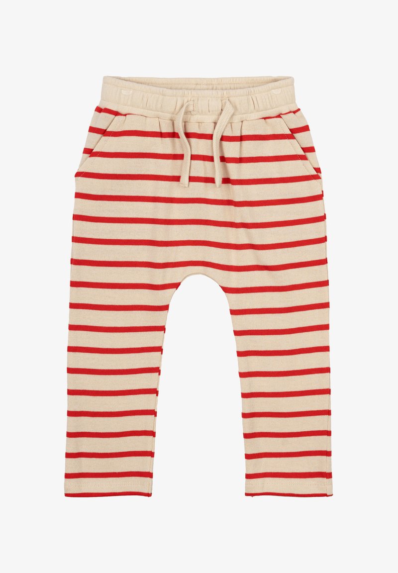 Svītrainas khaki bikses ar sarkanām horizontālām svītrām, ar elastīgu vidukļa joslu, auklu un sānu kabatām. Mīksta kokvilnas tekstūra.