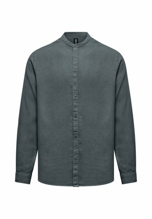 Camicia da uomo grigio scuro a maniche lunghe con bottoni, collo alla coreana, polsini con bottoni e orlo dritto.