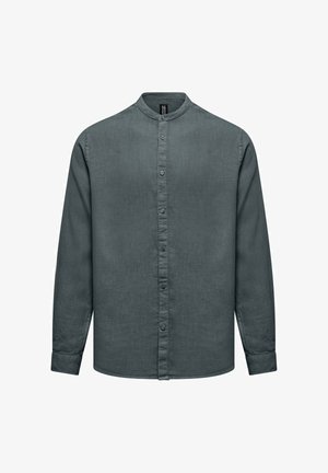 Herren-Dunkelgraues Hemd mit langen Ärmeln, durchgehender Knopfleiste, Stehkragen, geknöpften Manschetten und geradem Saum.
