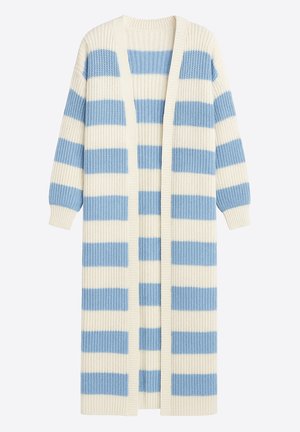 Lange cardigan met een verticale open voorkant, gemaakt van gebreide stof met afwisselend blauwe en witte strepen. Geribbelde manchetten en zoom.
