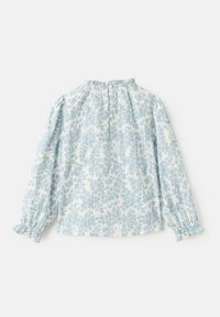 Light blue blouse with long, puffed sleeves, floral pattern, gathered neckline, and button closure. Made from a soft, lightweight fabric.