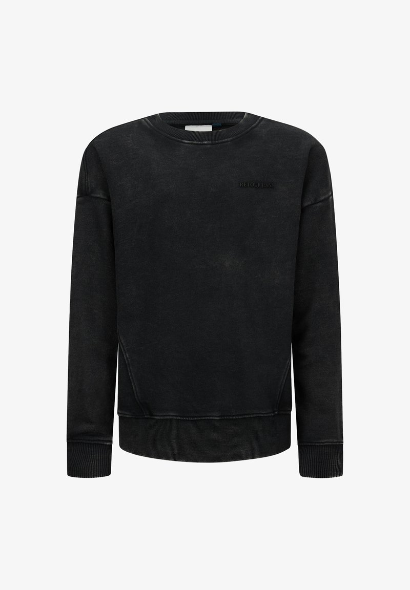 Felpa nera con colletto rotondo e maniche lunghe, con il logo discreto "RETOUR JEANS" sul lato sinistro del petto.