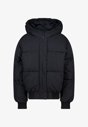 Schwarze gepolsterte Winterjacke mit Kapuze, Frontreißverschluss, Druckknöpfen und Rippbündchen an den Ärmeln und am Saum.