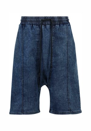 Denim šorti ar elastīgu jostasvietu un aukliņu, tumši zilā krāsā, brīva piegriezuma un ar paneļu šuvēm.