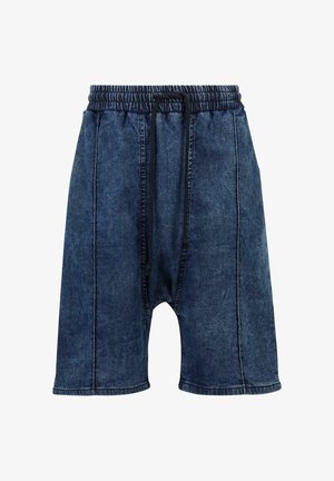 Džinsiniai šortai su elastine juosta ir korsetu, tamsiai mėlynos spalvos, laisvo kirpimo ir siuvinėjimo detalėmis.