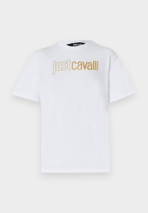White cotton t-shirt featuring a gold "justcavalli" logo on the front. Short sleeves and a classic round neckline. Plain design.