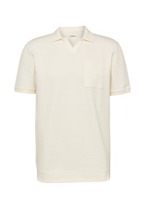 Kortemouws crème poloshirt met een gestructureerde stof, een V-halskraag en een klein borstzakje aan de linkerkant.