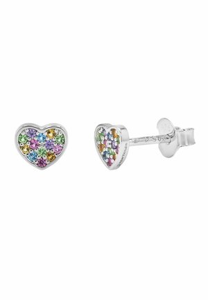 Boucles d'oreilles en forme de cœur en argent avec des pierres précieuses multicolores incrustées sur la surface avant, vues de face et de côté.