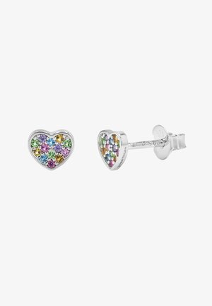 Pendientes de botón en forma de corazón de plata con gemas multicolores incrustadas en la superficie frontal, mostrados desde vistas frontal y lateral.