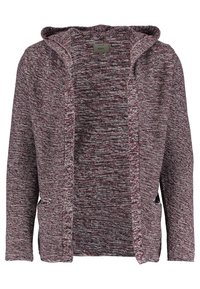 Cardigan tricoté rouge et gris avec capuche, devant ouvert et deux poches avant ; tissu texturé avec un léger stretch et une coupe décontractée.