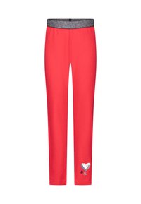 Rode broek met een grijze elastische tailleband, voorzien van een pailletten hart en ster ontwerp op de linker onderbeen. Gladde stoftextuur.