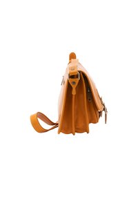 Borsa in pelle arancione con forma strutturata, dotata di tracolla, zip superiore e texture liscia.