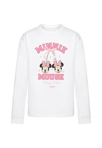Pikkade varrukatega valge T-särk, millel on roosa graafiline disain, kus on kaks Minnie Mouse'i pead, tekst "MINNIE MOUSE Cherry Club 1928" ja kaaristi detailsus.