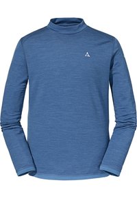 Blaues langärmliges Turtleneck-Shirt aus weichem Stoff. Verfügt über ein kleines weißes Logo auf der Brust und Kontrastnähte an den Bündchen und dem Saum.