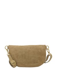 Pochette en suede beige avec un design incurvé, des accents en métal doré et une bandoulière détachable. Texture lisse avec un style minimaliste.