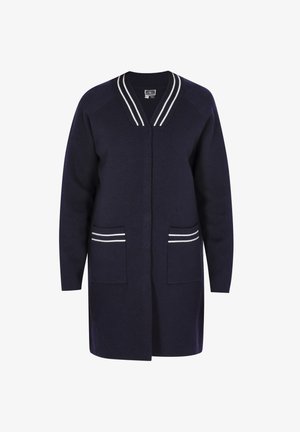 Marineblå cardigan lavet af blødt stof, med hvide stribede detaljer på en V-halskrave og to forreste påsyede lommer.