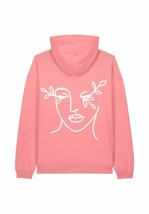 Felpa rosa con un disegno a linea bianca di un volto e foglie sul retro. Realizzata in cotone morbido con polsini e orlo a coste.