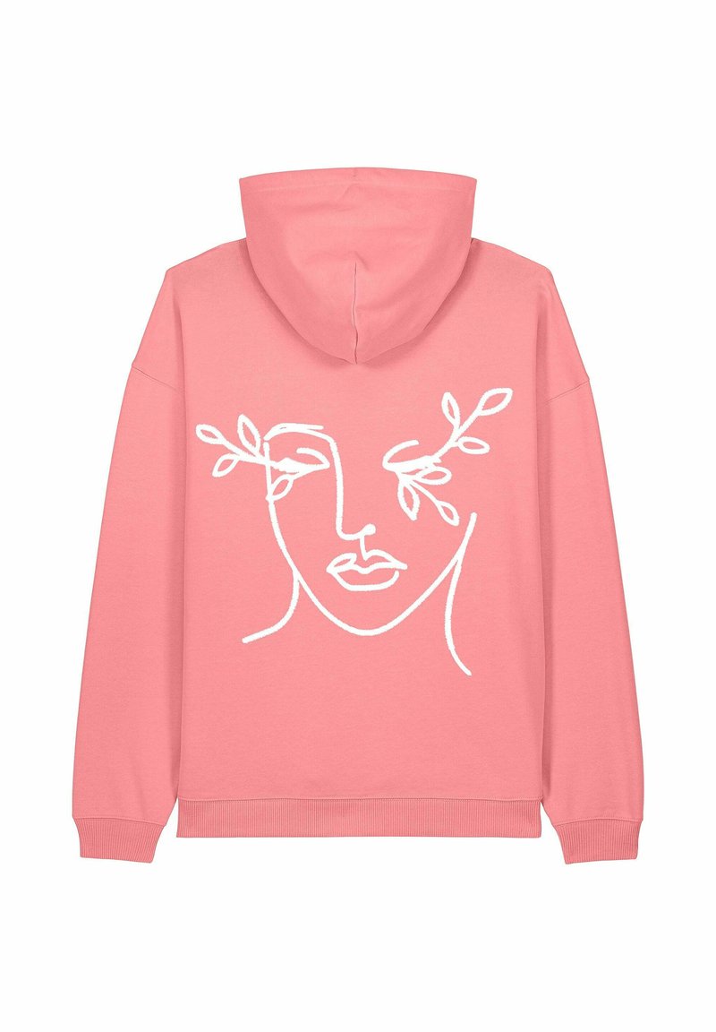 Felpa rosa con un disegno a linea bianca di un volto e foglie sul retro. Realizzata in cotone morbido con polsini e orlo a coste.