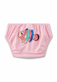 Rosa Schwimmwindel mit einer Illustration eines Fisches und mehrfarbigen Rüschen in Blau, Grün und Pink; weicher, elastischer Stoff.