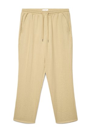 Pantaloni beige a gamba larga con vita elastica e coulisse, dotati di tasche laterali e tessuto strutturato.