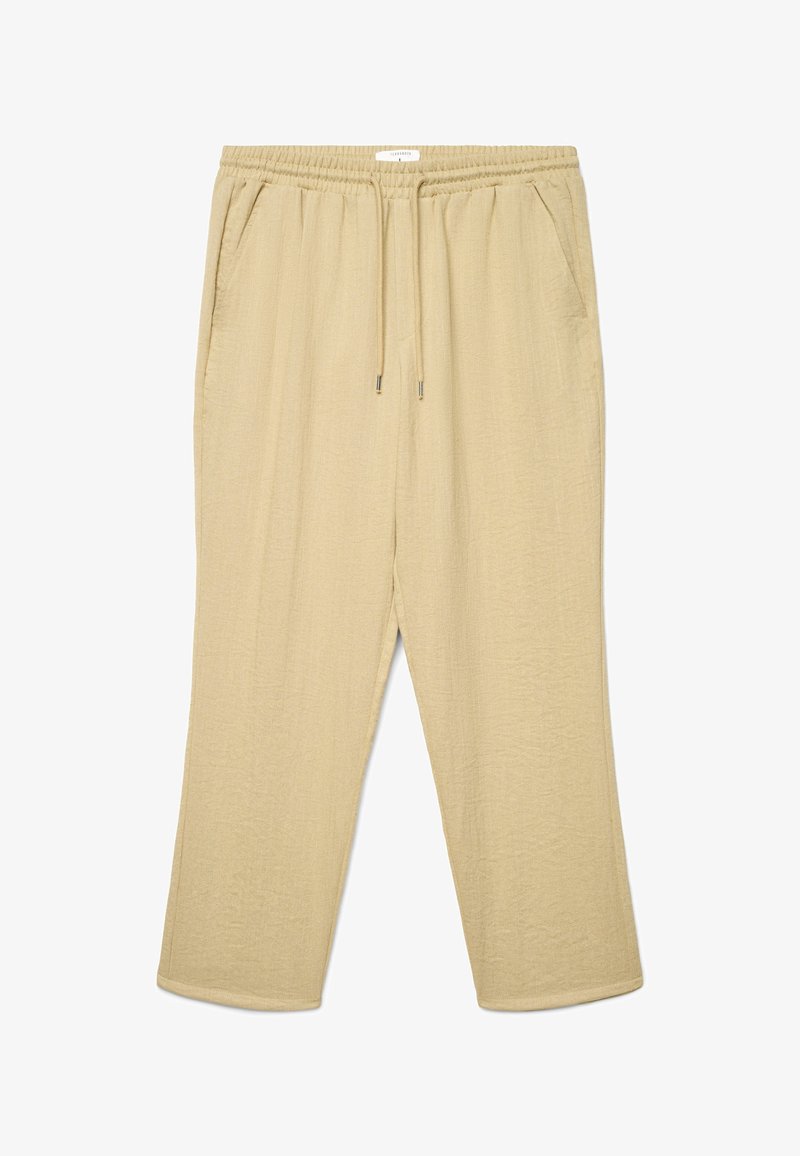 Pantaloni beige a gamba larga con vita elastica e coulisse, dotati di tasche laterali e tessuto strutturato.