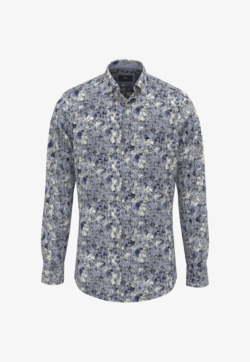 Camicia a maniche lunghe multicolore con motivo floreale in blu, bianco e verde. Presenta una chiusura con bottoni sul davanti e un colletto standard.
