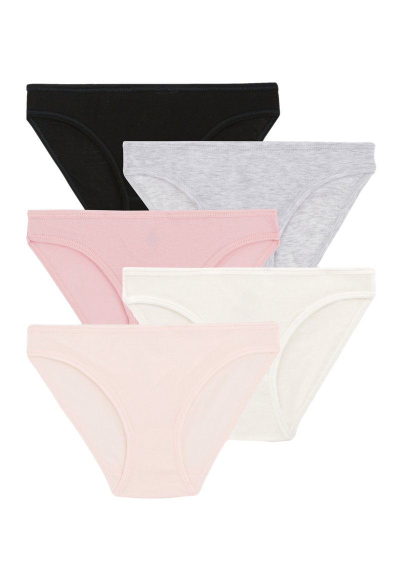 Vijf paar damesonderbroeken in zwart, grijs, lichtroze, wit en donkerroze. Gemaakt van zachte katoen met elastische taillebanden en pijpopeningen.