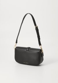 Black leather crossbody bag with a smooth texture, rectangular shape, and a gold-tone hardware clasp. Features adjustable strap and logo detail.