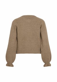 Pull en tricot marron à manches longues avec ourlet côtelé et poignets froncés, présenté de dos sur fond blanc.