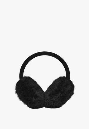 Zwarte nepbont oorkappen met een textiele band. Rond gevormd met pluche vulling voor comfort en warmte. Eenvoudig ontwerp zonder metalen onderdelen.