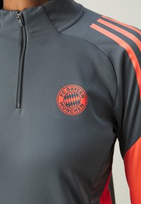 Haut d'entraînement du FC Bayern München en gris foncé avec des accents rouges vifs. Présente un zip quart, le logo du club et un tissu élégant et respirant.
