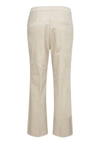 Pantalon en velours côtelé beige clair avec une coupe à jambes droites, doté de deux poches arrière et de légères rainures verticales dans la texture du tissu.