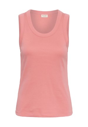 Camiseta sin mangas de algodón rosa con cuello redondo, dobladillo recto y corte ajustado, mostrada sobre un fondo liso.