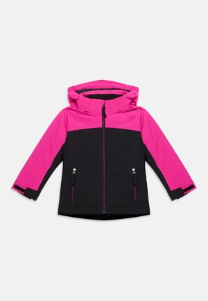 Veste à capuche pour enfants avec partie supérieure et manches roses, bas noir, fermeture éclair à l’avant et poches zippées des deux côtés.