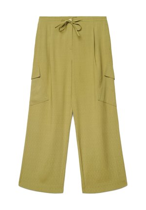 Olive green wide-leg pants with drawstring waist, button detail, and large flap pockets on both sides.