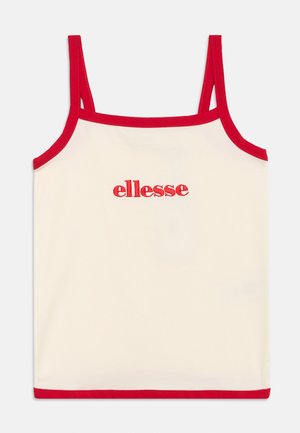 Krém színű ujjatlan felső piros szegéllyel és piros „ellesse” logóval a mellkas közepén.