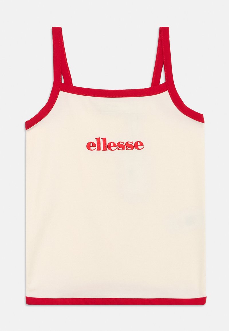 Μπλούζα χωρίς μανίκια σε κρεμ απόχρωση με κόκκινο περίγραμμα και κόκκινο λογότυπο "ellesse" στο κέντρο του στήθους.