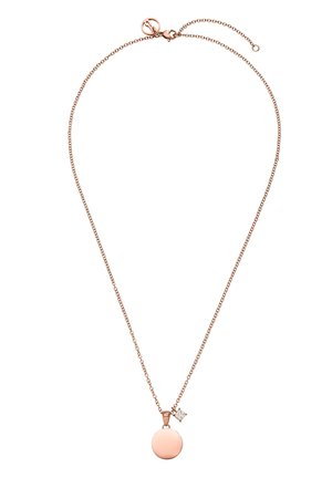 Delicate roségouden ketting met een glad rond hangertje en een kleine diamantvormige kristallen bedel.