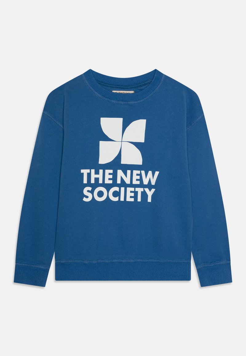 Blå hettegenser laget av myk stoff har en hvit grafisk design med et firebladsmotiv og teksten "THE NEW SOCIETY" nedenfor.