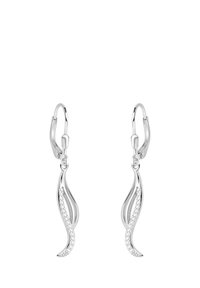 Silverörhängen med en strömlinjeformad, vriden design prydd med små, glittrande kristaller längs ena sidan. Med hänglås för säker användning.