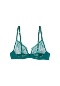 Groene kanten beha met een golvende rand, mesh cups en verstelbare bandjes, voorzien van een gladde stoffen band en haaksluiting aan de voorkant.