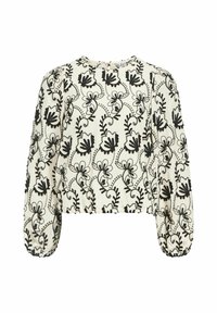 Blouse blanche à manches longues avec broderie florale noire, manches bouffantes, encolure ronde et ourlet légèrement cintré.