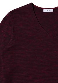 Maglione a maglia color bordeaux con scollatura a V, caratterizzato da un tessuto testurizzato con leggere variazioni di colore e una finitura liscia. Etichetta della marca: CECIL.
